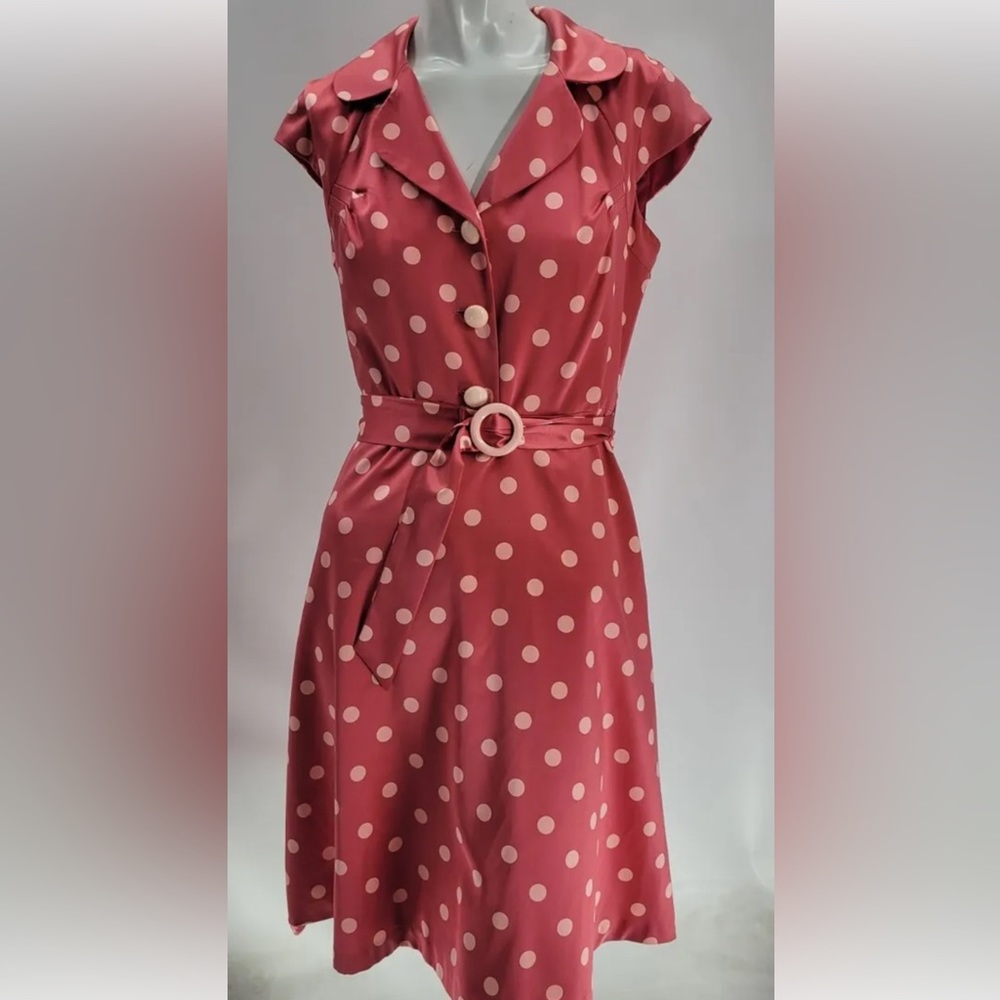 Betsey Johnson Y2K Womens Pink Polka Dot Belted Silk Sleeveless Dress 6